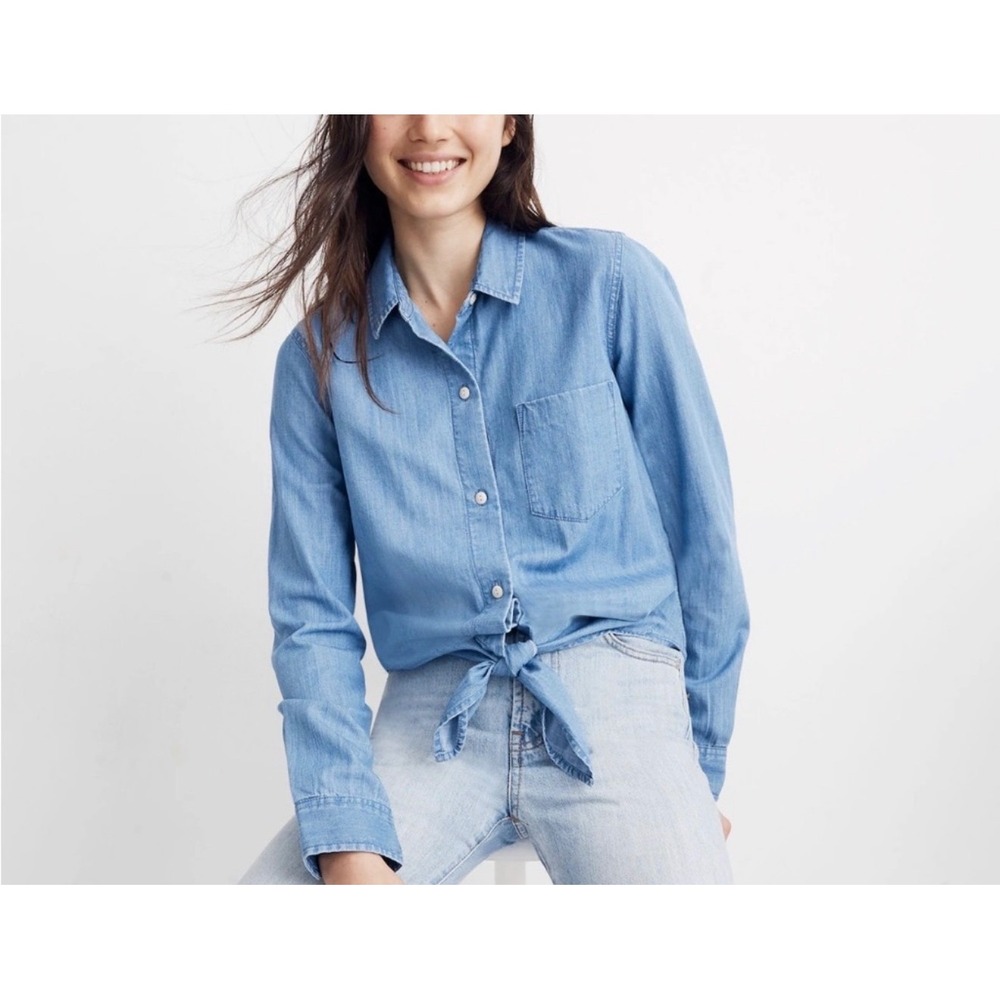 Madewell sz L Denim Button Roll Tab Collared Blouse Top Streetwear Minimal Norm